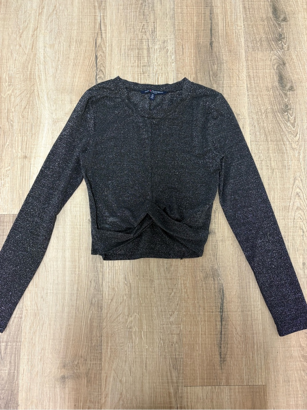 Metallic Black Twist-Front Long Sleeve Crop Top